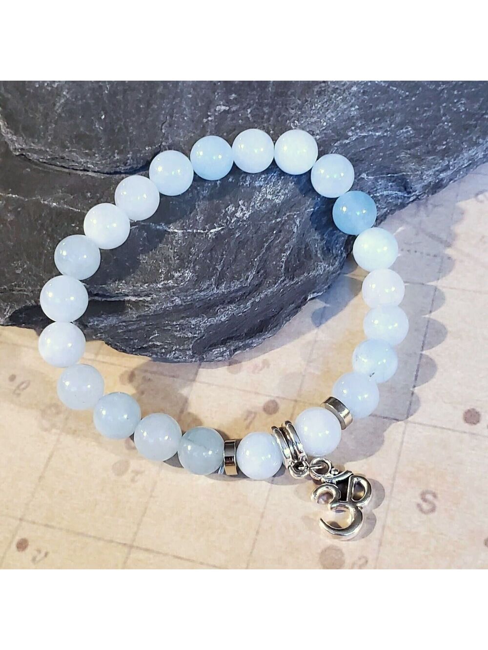 Om Aum Zen Mantra Mindfulness Light Blue Agate Gemstone Stretch Bracelet